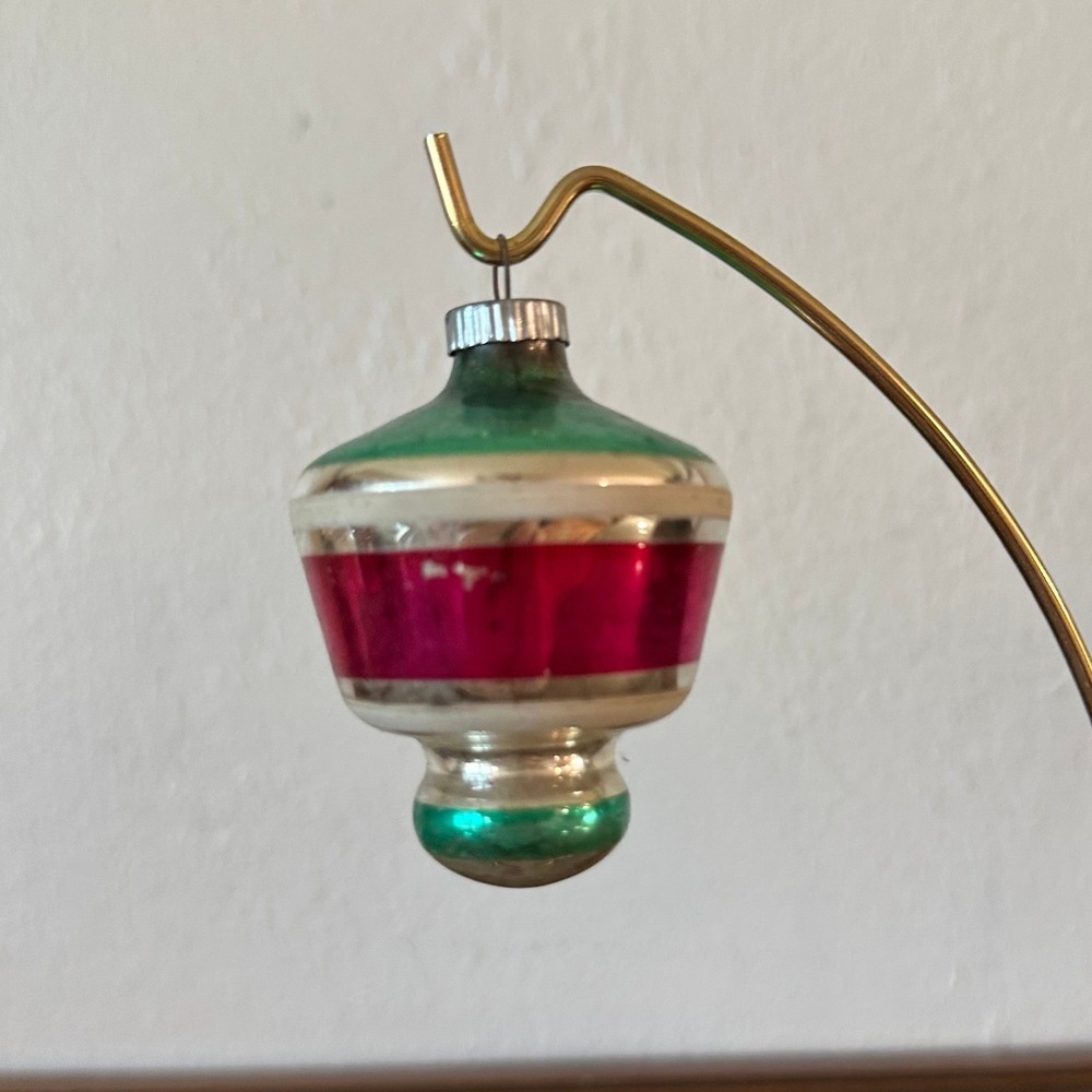 Vintage Shiny Brite UFO Tornado Lantern Glass Christmas Ornament Pink Green